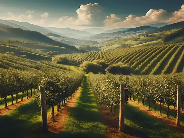 Huerto de manzanos en un valle